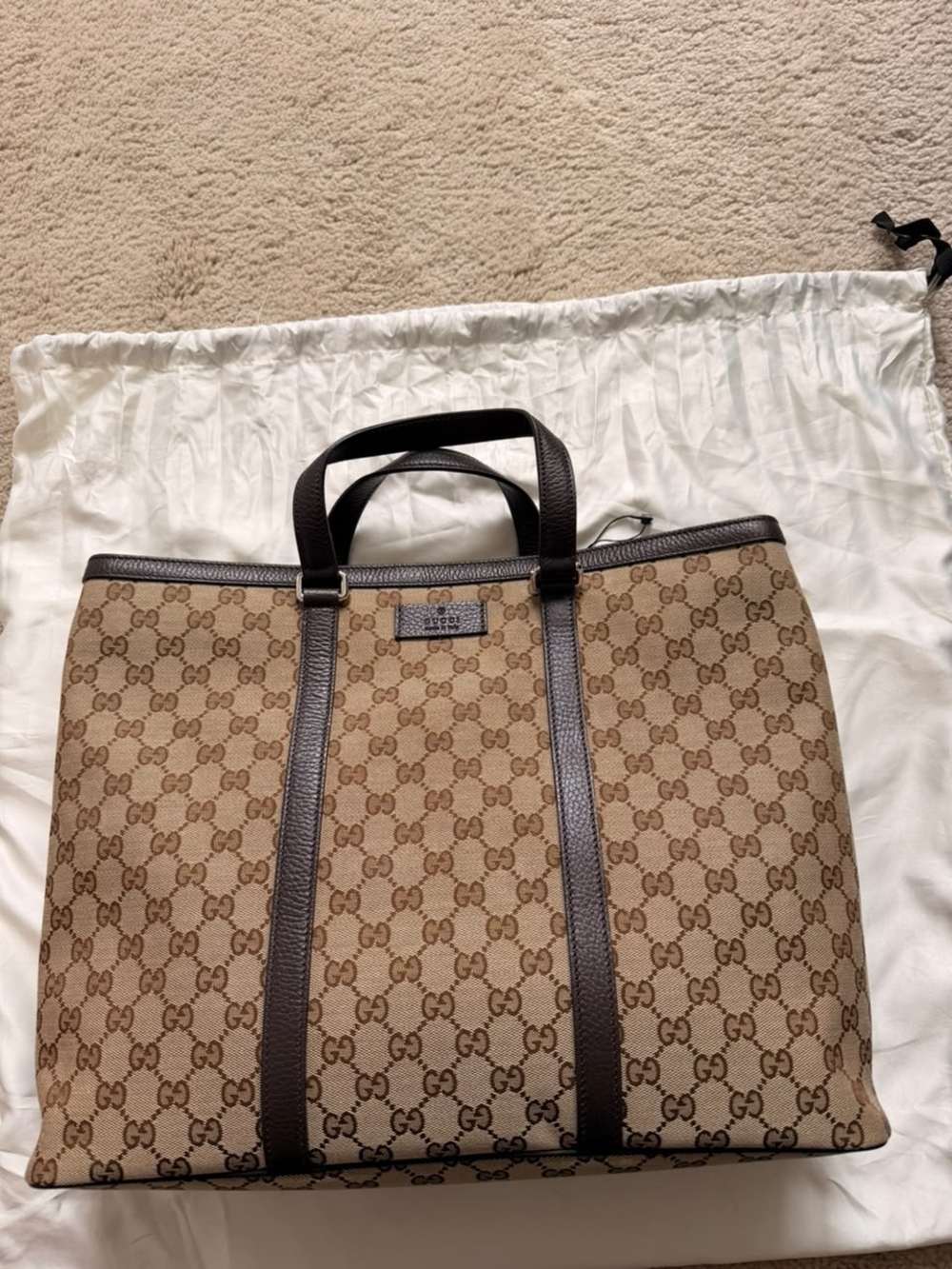 Gucci Brown Beige GG Canvas Tote with Dark Brown Leather Trim